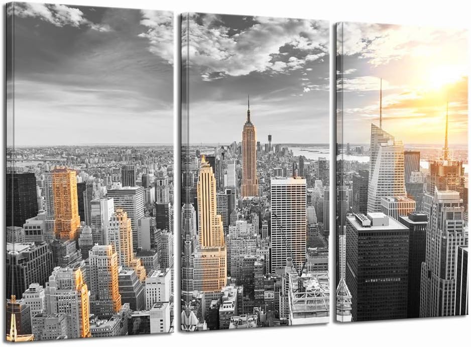 LevvArts Large 3 Piece New York City Canvas Wall Art Modern Black and White NYC at Gold Sunset