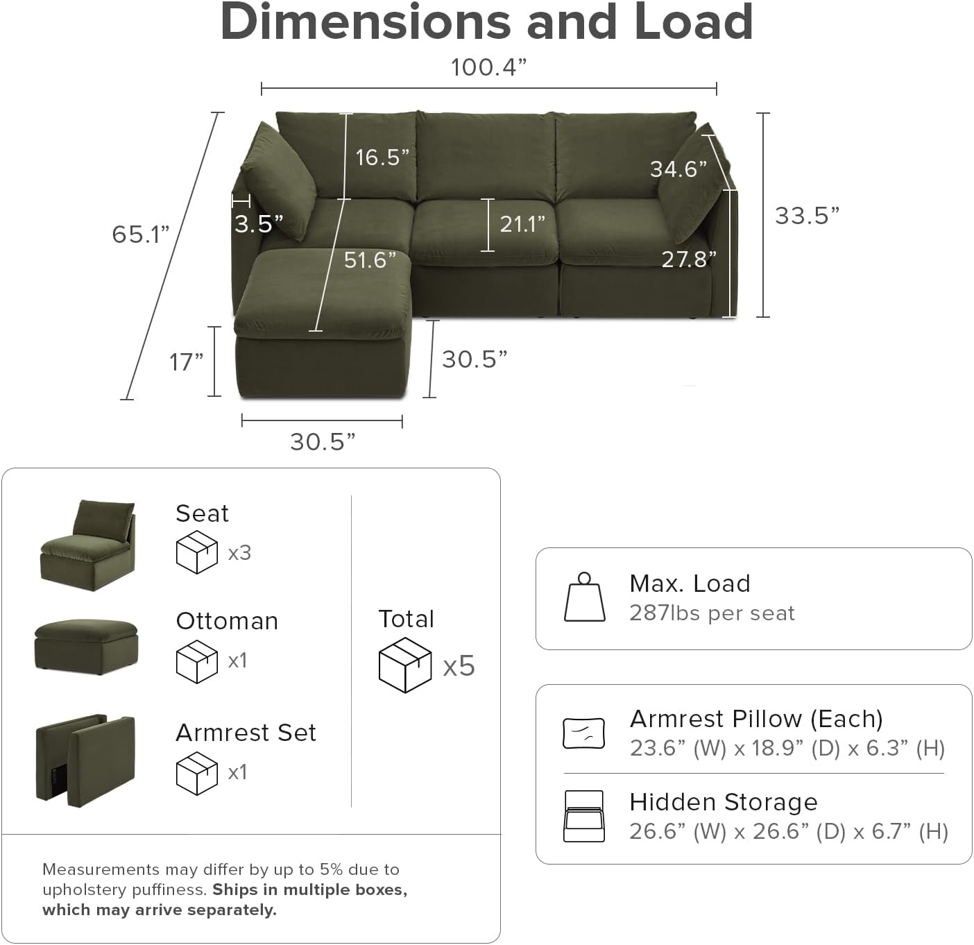 mopio Oversized Modular Sectional Sofa with Fully Removable Covers and Storage, Convertible U