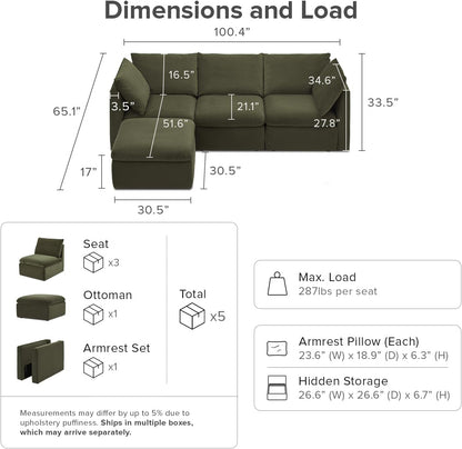 mopio Oversized Modular Sectional Sofa with Fully Removable Covers and Storage, Convertible U