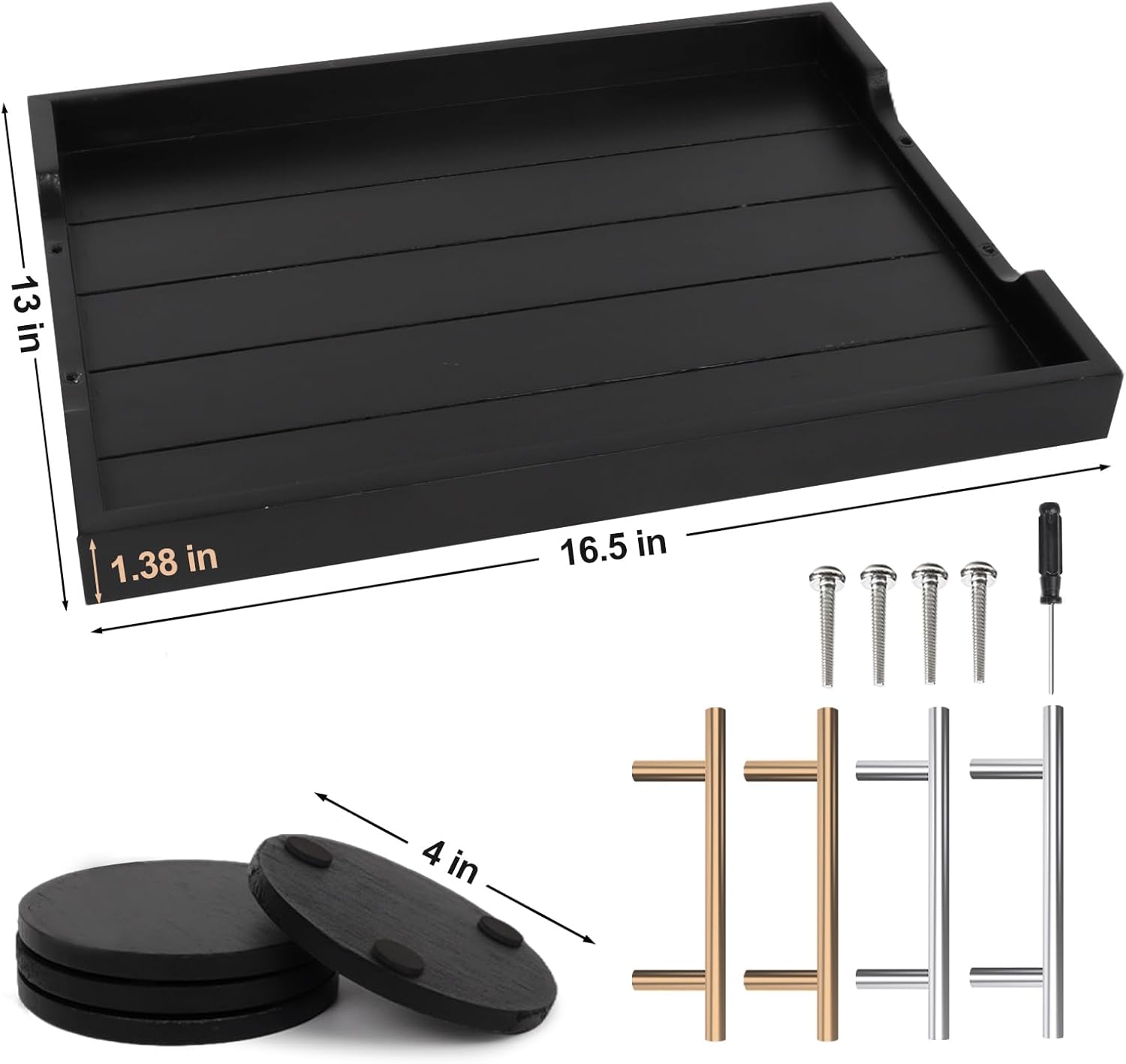 Coffee Table Trays - Large Ottoman Tray for Living Room - Wood Serving Trays with Handles(2 Sets)