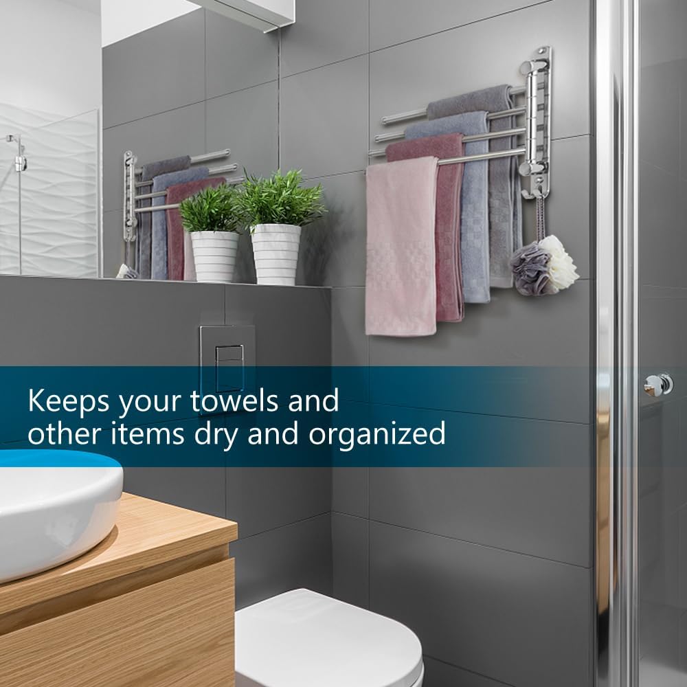 Bathroom Towel Rack JSVER Swivel 4 Arms Extended Towel Holder, SUS304 Stainless Steel Space Saving
