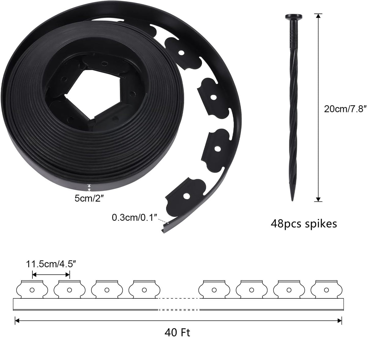 2 Inch Tall No Dig Durable Garden Landscape Edging Kit, Black Plastic Lawn Border with 48pcs