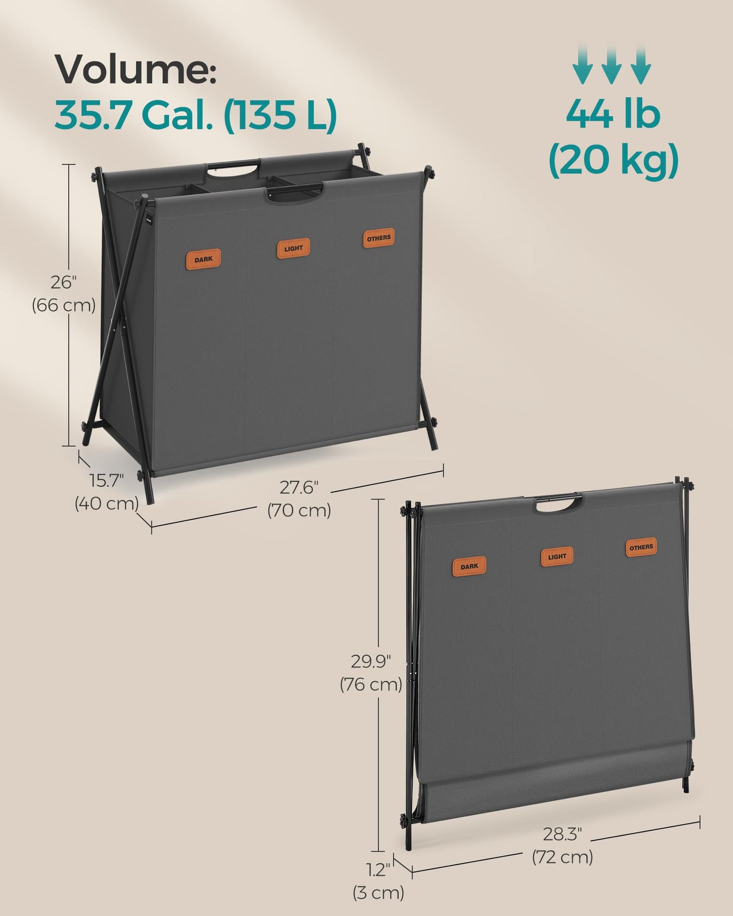 SONGMICS Laundry Hamper, Laundry Basket, 35.7 Gal. Laundry Sorter 3 Sections, Collapsible X-Frame