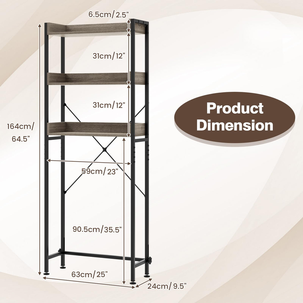 Giantex Over The Toilet Storage Shelf, 3-Tier Freestanding Space Saver Above Toilet with 4 Hooks