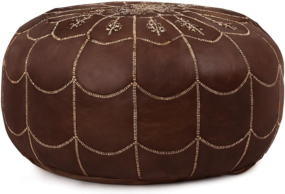 Stuffed Arch Design Moroccan Leather Pouf Ottoman, Handmade, Pre-Filled, 100% Genuine Leather, 14”