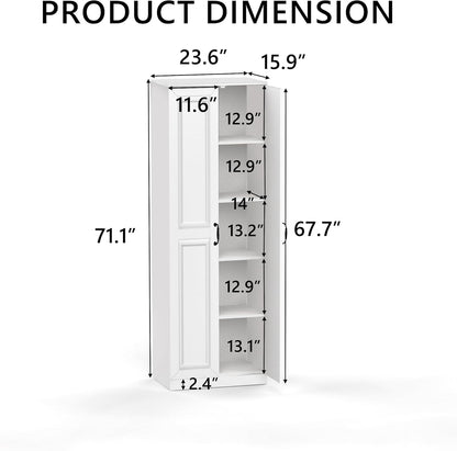 Storage Cabinet/Pantry cabinets, Soft White Finish, 71" Tall Wood Cupboard with 2 Door and 3
