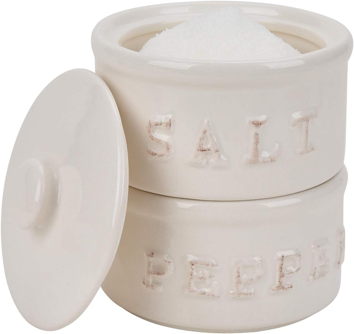 Vintage Ceramic Salt and Pepper Shaker Set Condiments Cellar Stacking Bowls With Lid