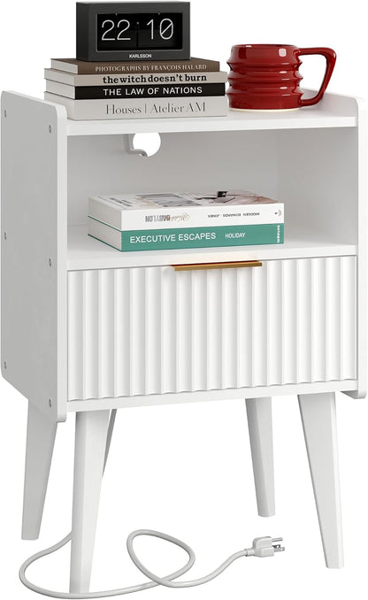 Fluted Nightstand with Charging Station, Modern Bedside Table with Drawer,White Nightstand with