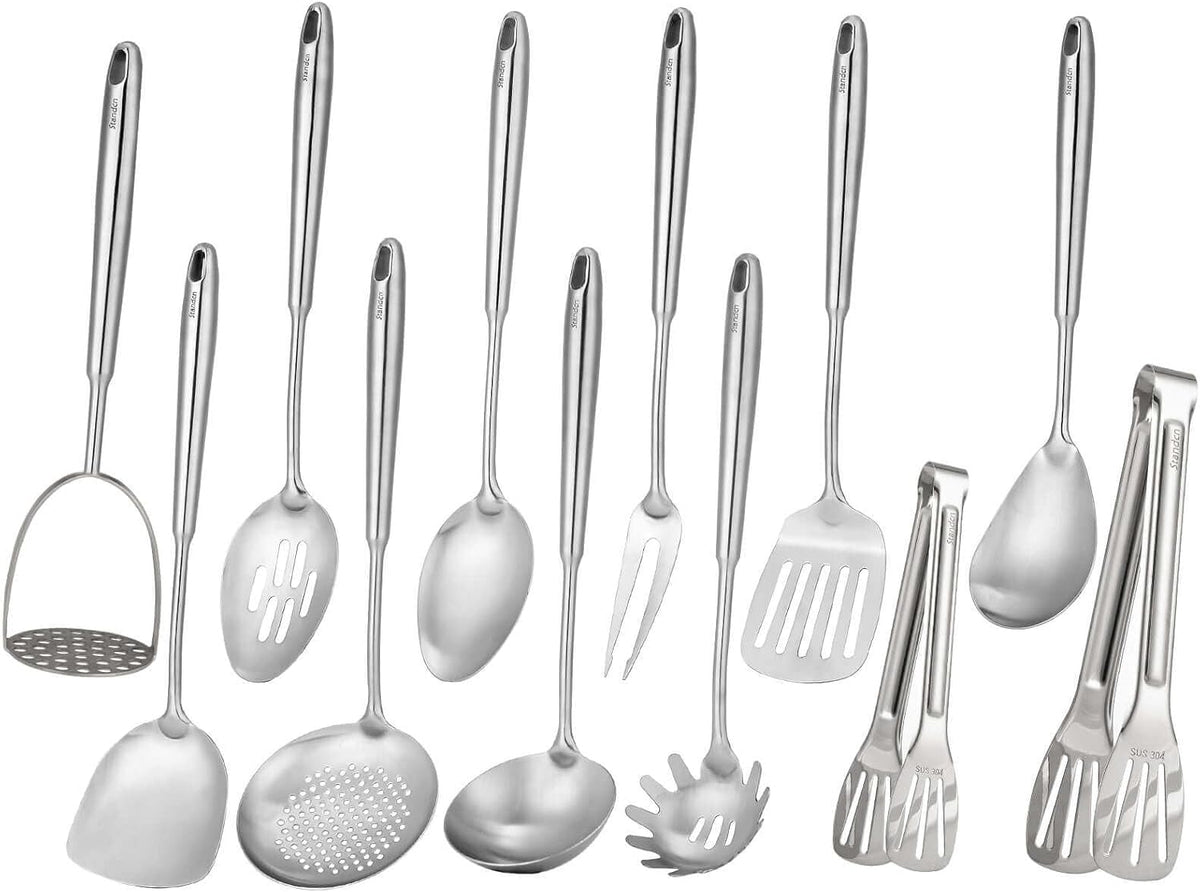18/10 Stainless Steel Kitchen Utensils Set - 12 PCS All Metal Cooking Tools & 15″ Serving Utensils