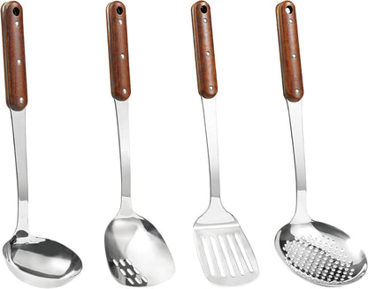 FJNATINH Stainless Steel Wok Spatula,Slotted Spatulas,Ladle,Skimmer Ladle Tool Set,Mirror Polished