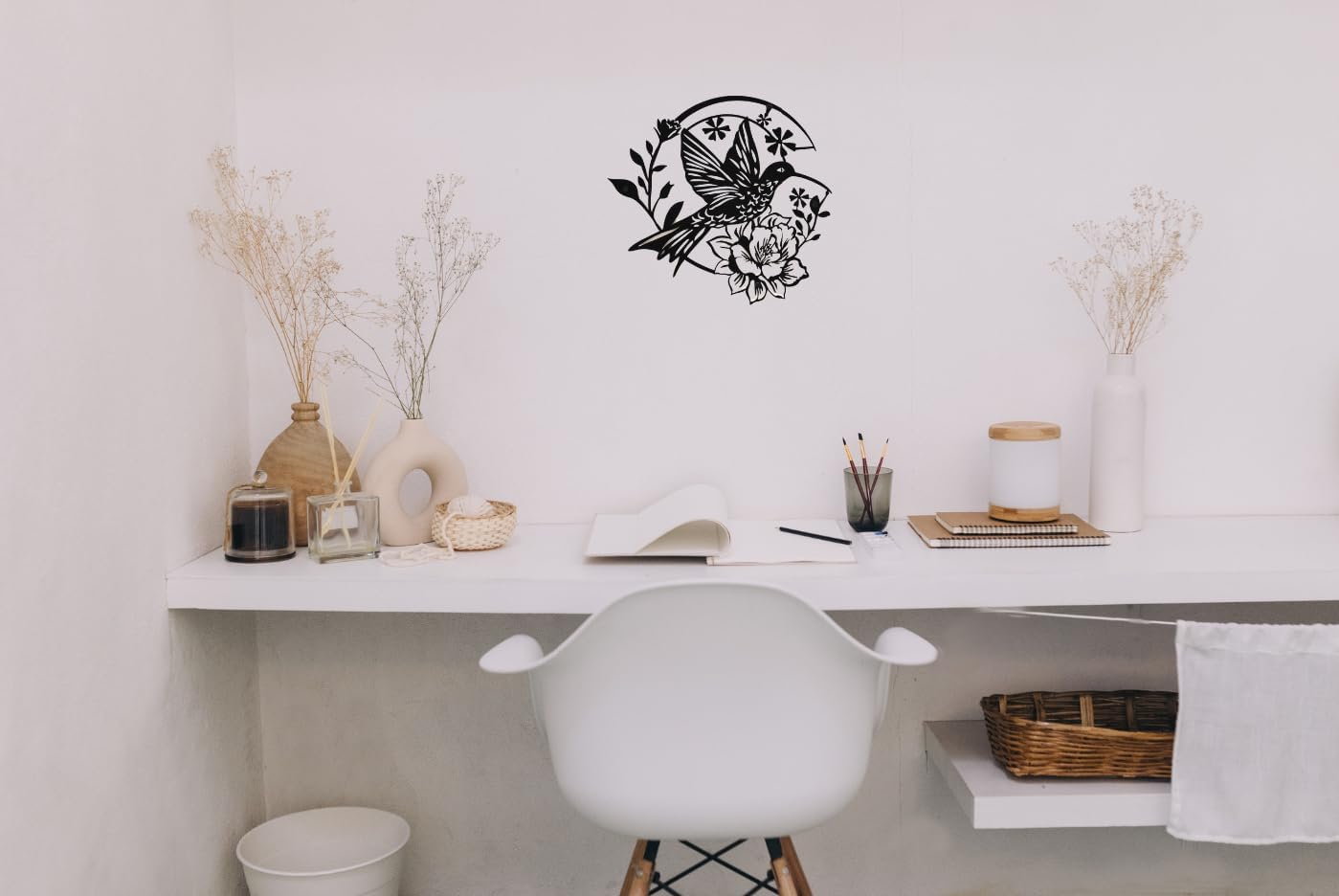 SHIMANY Black Metal Wall Art - Hummingbird Hanging Wall Sculpture with Floral Design for Bedroom