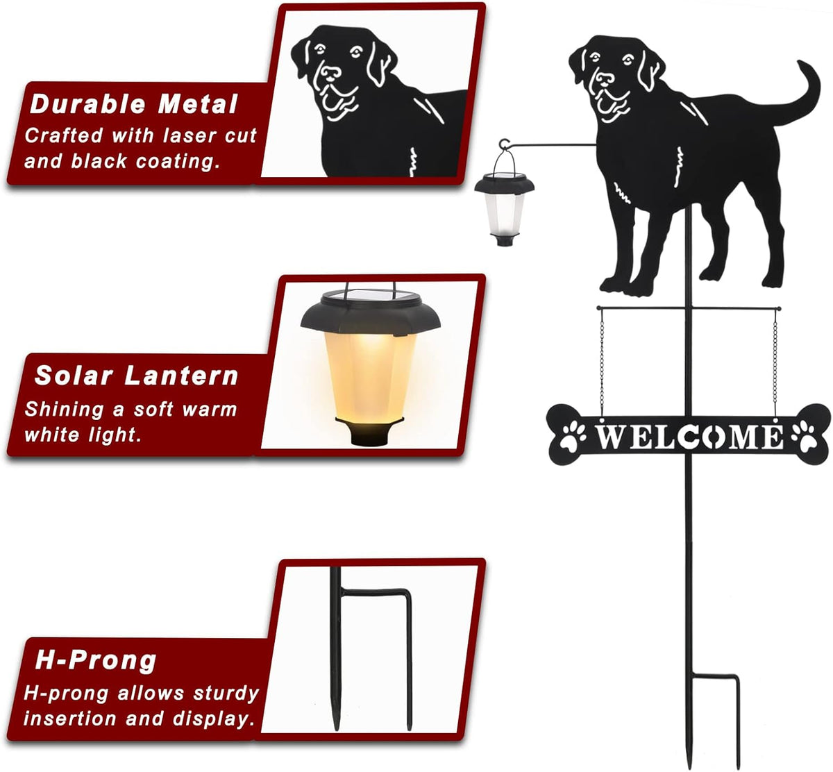 BAYN Solar Labrador Silhouette Dog Breed Welcome Sign with a Lantern Outdoor Decorative Garden