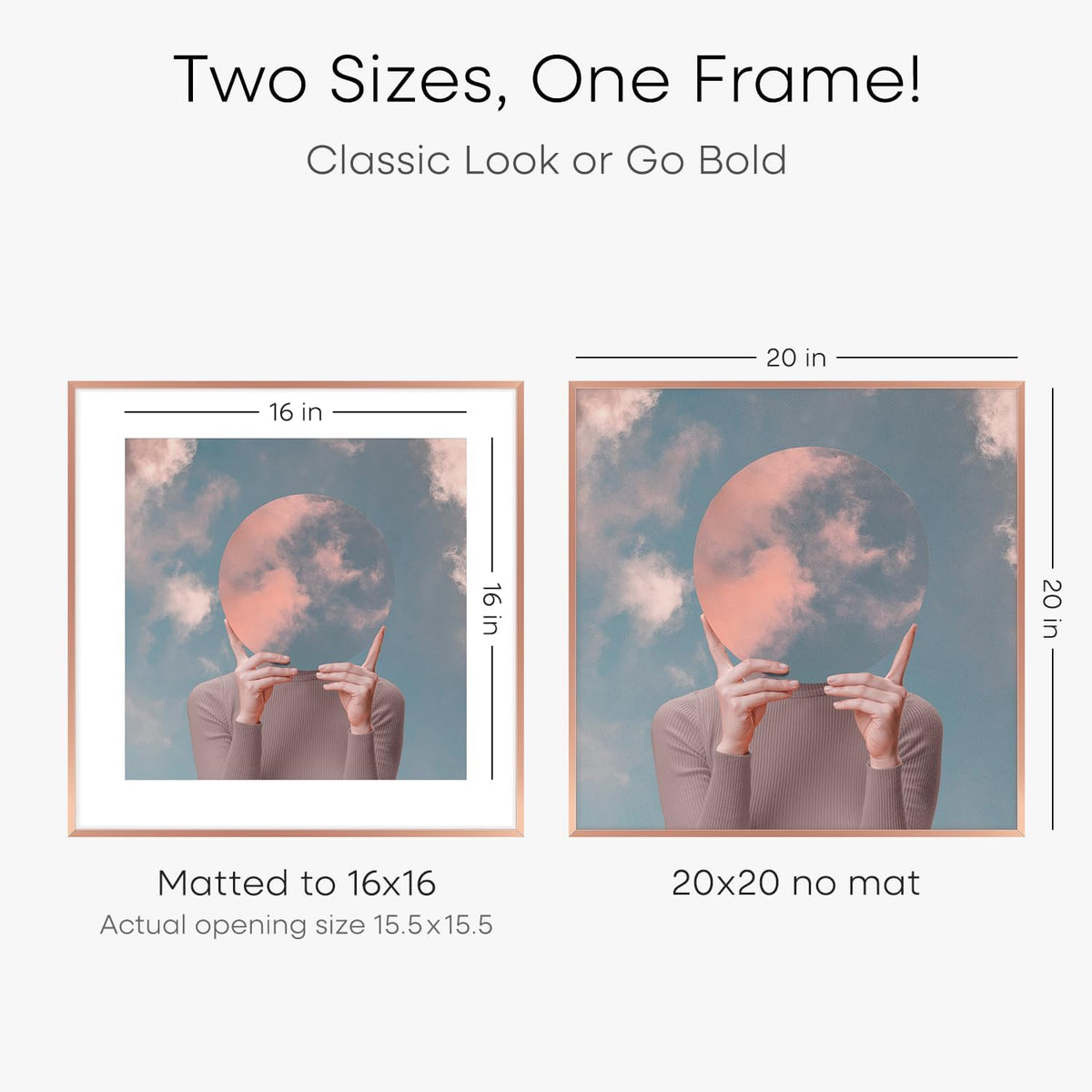 Homeforia 20x20 Picture Frame Rose Gold, High End Metal 20 x 20 Square Poster Frame with Mat 16 x