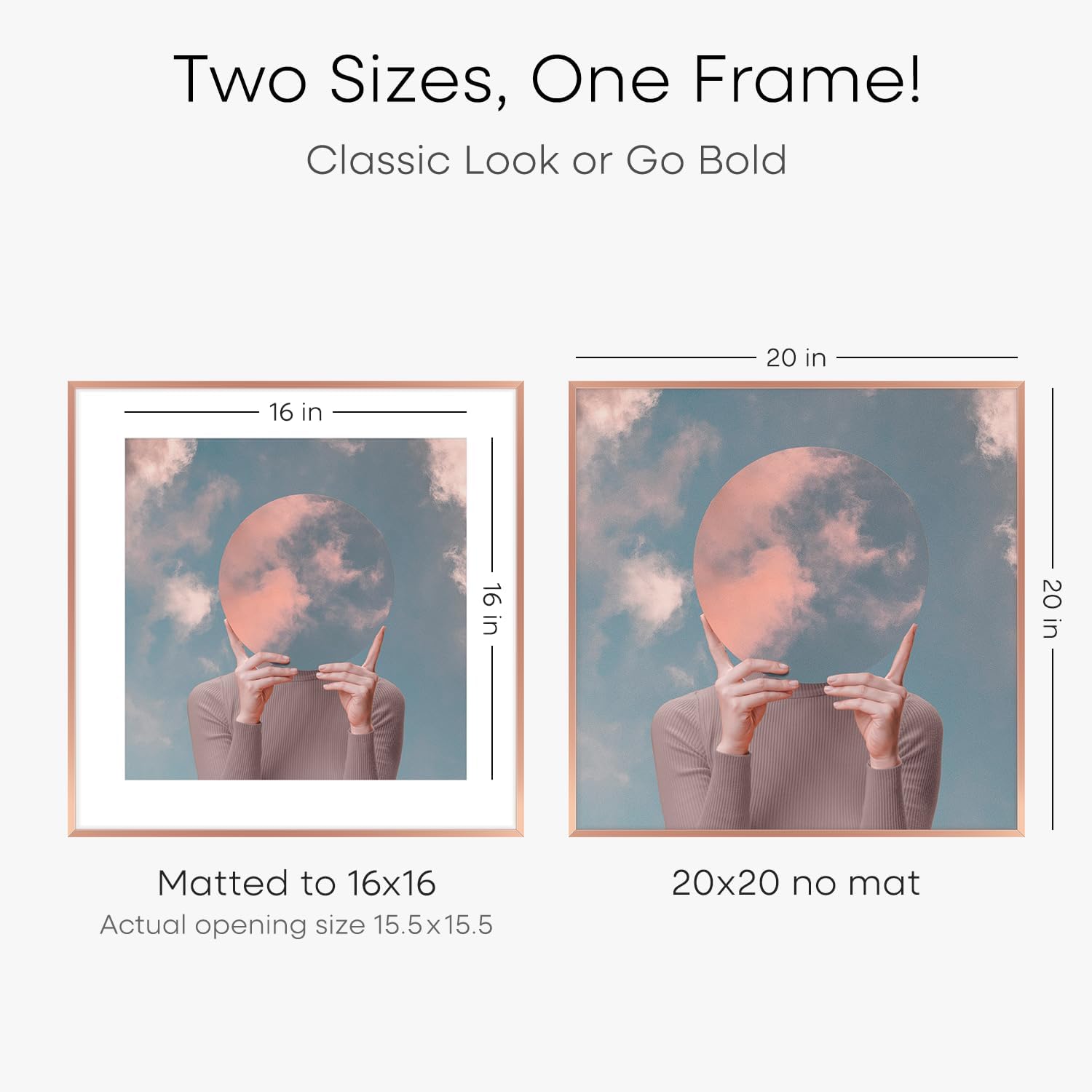 Homeforia 20x20 Picture Frame Rose Gold, High End Metal 20 x 20 Square Poster Frame with Mat 16 x