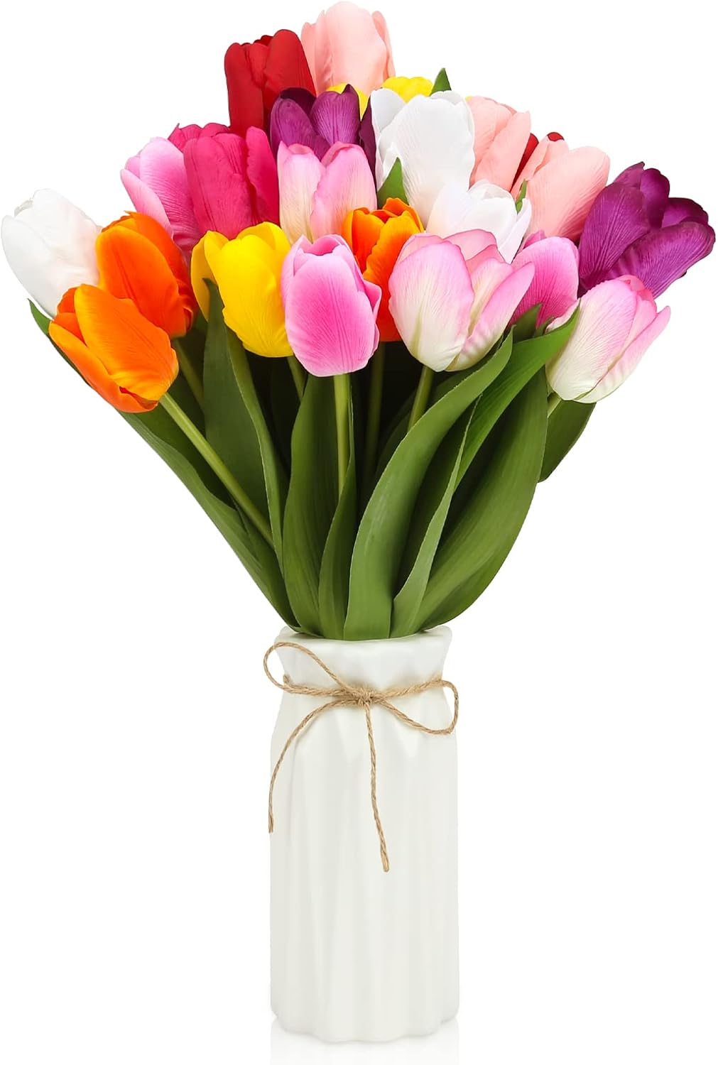 27pcs Colorful Artificial Flowers Tulips, Tulips with 1pc Plastic Vase, Fake Flowers Real Touch