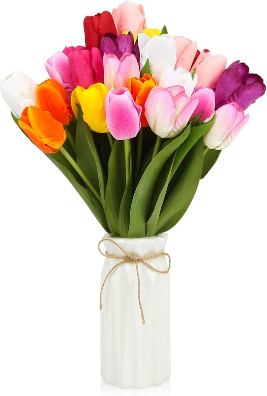 27pcs Colorful Artificial Flowers Tulips, Tulips with 1pc Plastic Vase, Fake Flowers Real Touch