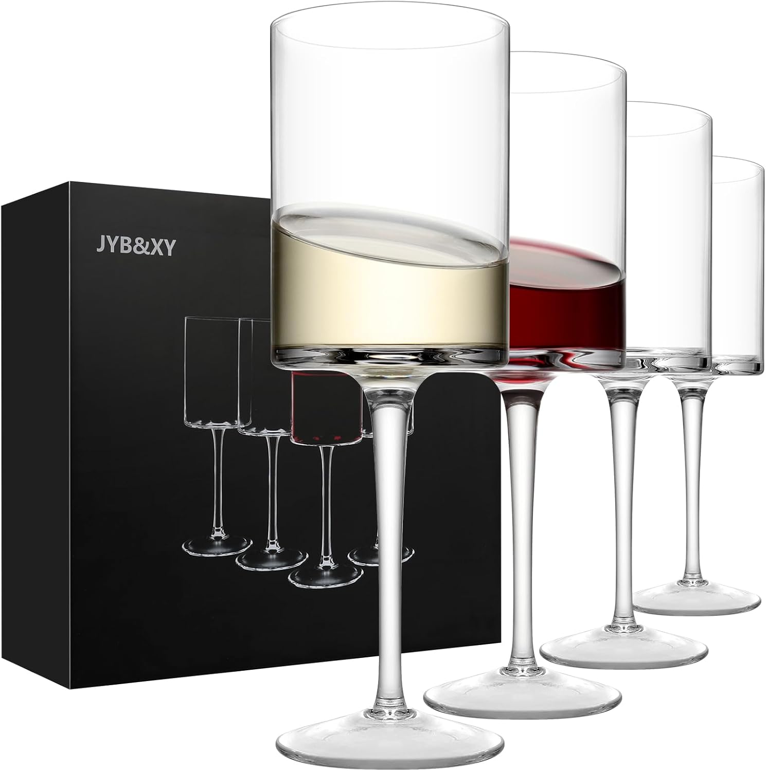 Premium Crystal Wine Glasses - Hand Blown, Thin Rim, Long Stem, Square Unique Design - Set of 4