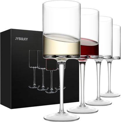 Premium Crystal Wine Glasses - Hand Blown, Thin Rim, Long Stem, Square Unique Design - Set of 4