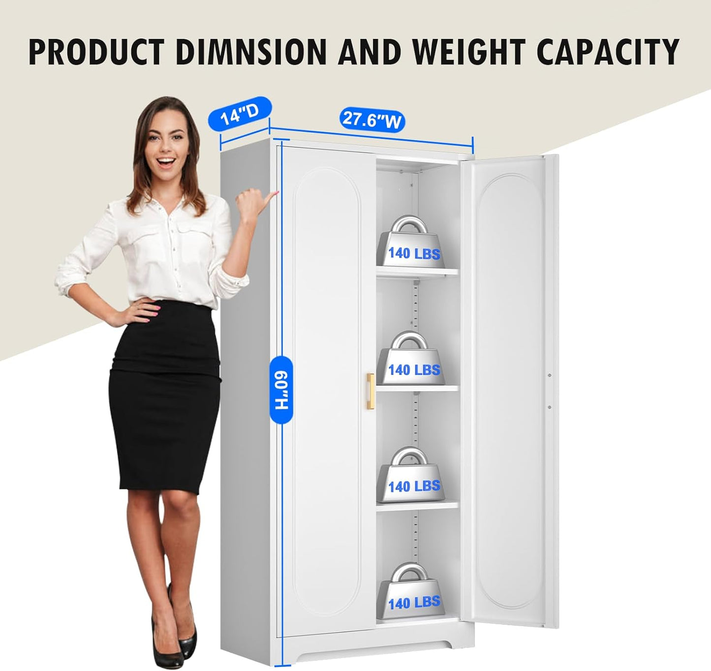 60" Tall Kitchen Pantry Cabinet, Metal Pantry Cabinet with Doors and Adjustable Shelves, White