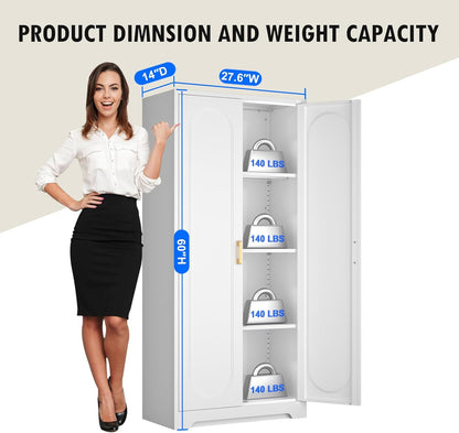 60" Tall Kitchen Pantry Cabinet, Metal Pantry Cabinet with Doors and Adjustable Shelves, White