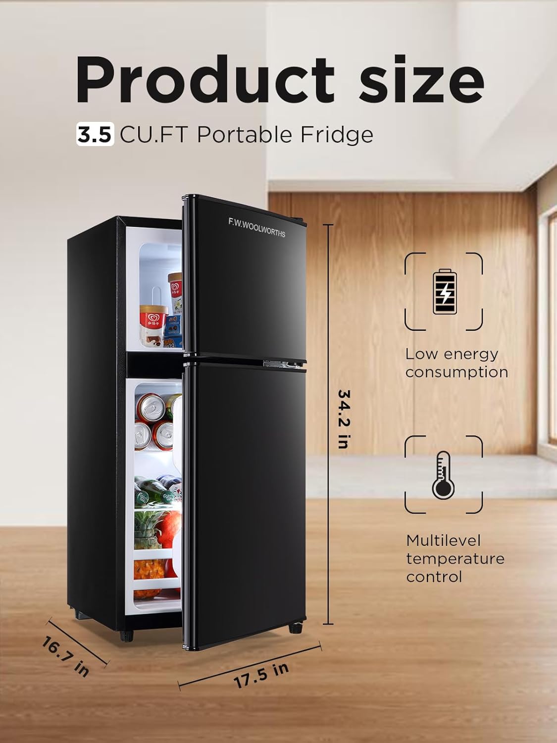 3.5 Cu.Ft Compact Refrigerator with Freezer, Mini Fridge with 2 Doors for Office, Kitchen, Dorm and