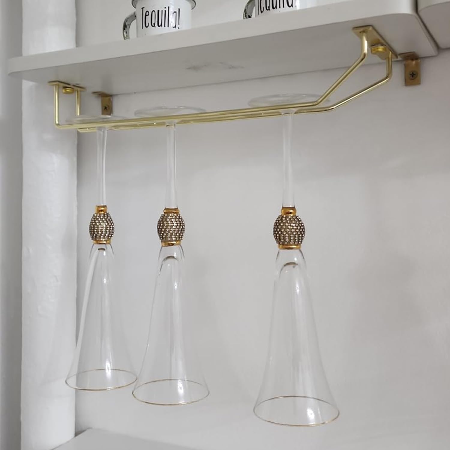 14-Inch Gold Wine Glass Rack, Under Cabinet Wine Glass Holder Stainless Steel Stemware Rack