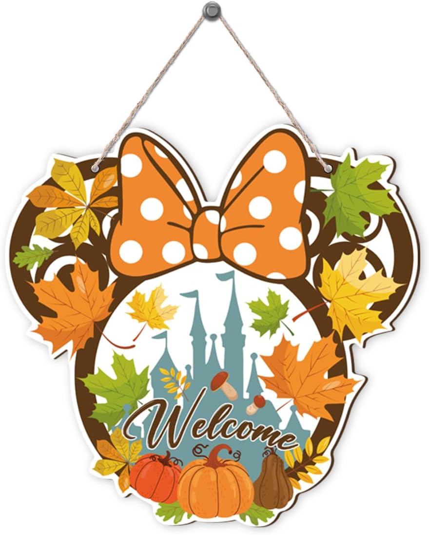 Fall Mouse Welcome Door Sign, Wooden Maple Leaves Mushroom Hanging Decor for Front Door, Fall Wood