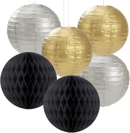 Black Gold Silver Party-Decorations Streamers-Lanterns - 14pcs Graduation 2025 Paper Fan,Tissue