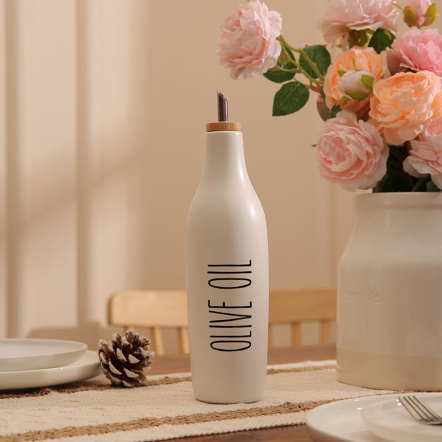 HOMCDALY Ceramic Olive Oil Dispenser for Kitchen, Stoneware 16oz Oil Cruet and Vinegar Bottles