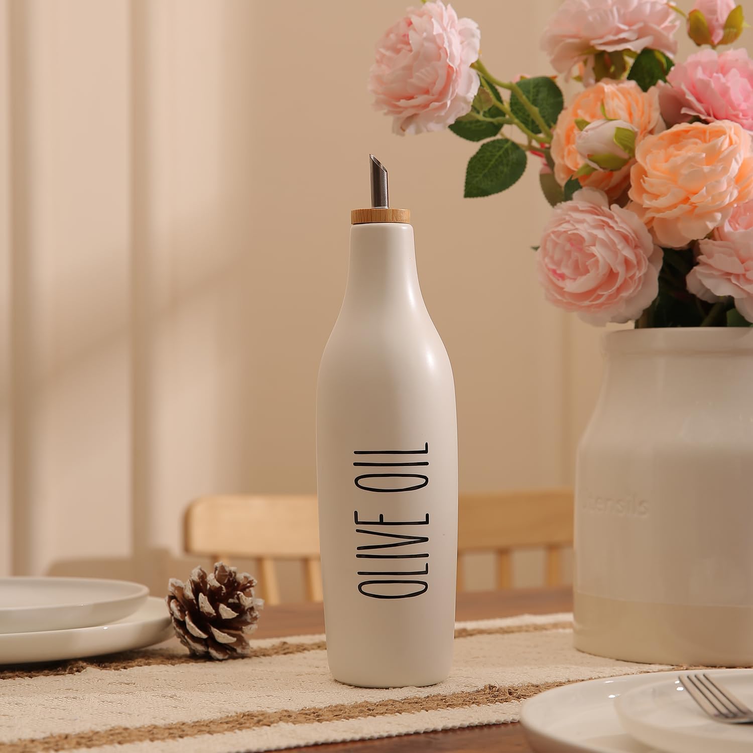 HOMCDALY Ceramic Olive Oil Dispenser for Kitchen, Stoneware 16oz Oil Cruet and Vinegar Bottles