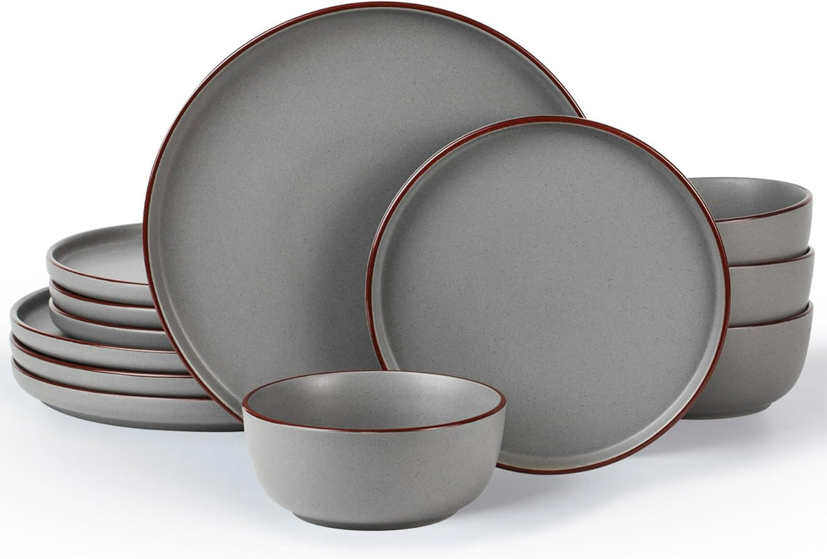 Famiware Mercury Plates and Bowls Sets, 12 Pieces Stoneware Dinnerware Sets, Dishes Set for 4