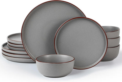 Famiware Mercury Plates and Bowls Sets, 12 Pieces Stoneware Dinnerware Sets, Dishes Set for 4
