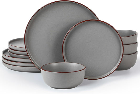 Famiware Mercury Plates and Bowls Sets, 12 Pieces Stoneware Dinnerware Sets, Dishes Set for 4