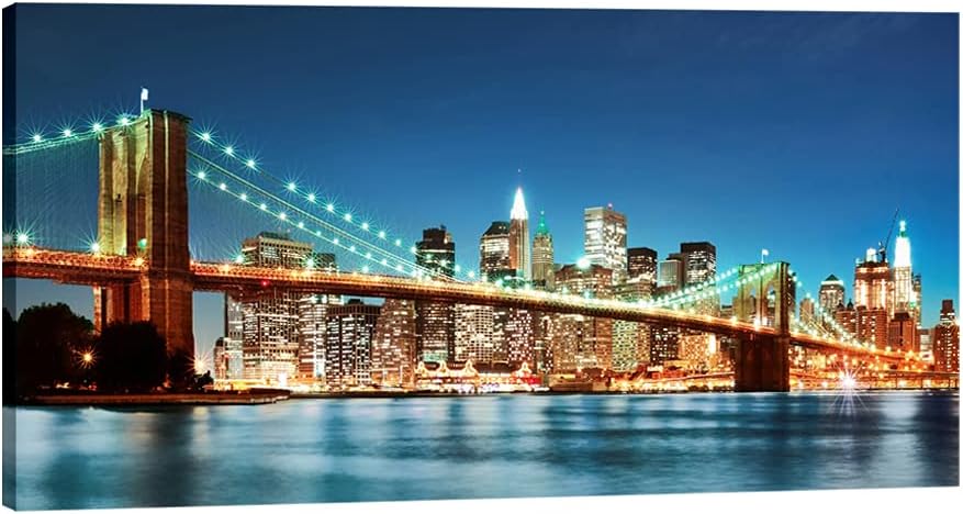 Pyradecor Large Modern New York Cityscape Canvas Wall Art Brooklyn Bridge Night View Canvas Prints