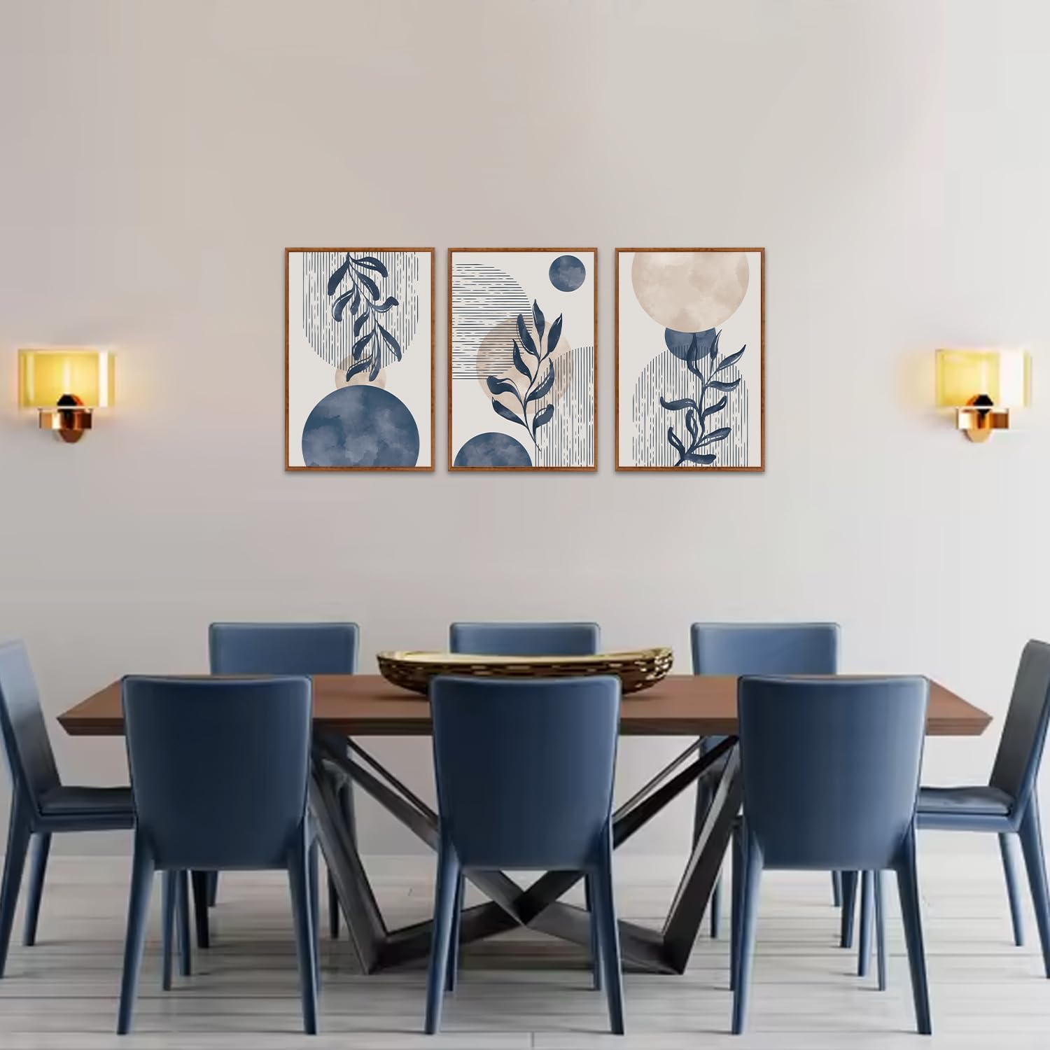 KAIRNE Boho Plant Wall Art Set of 3,Blue Bohemain Framed Canvas,Abstract Geometric Line Wall