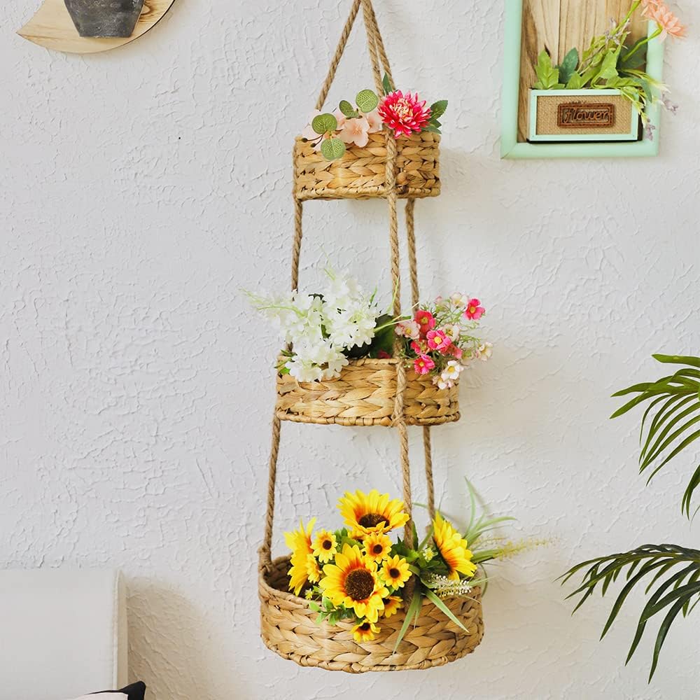 KINGWILLOW 3 Tier Hanging Fruit Basket, Handmade Natural Water Hyacinth Wall Vegetable Storage
