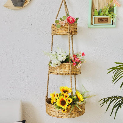 KINGWILLOW 3 Tier Hanging Fruit Basket, Handmade Natural Water Hyacinth Wall Vegetable Storage