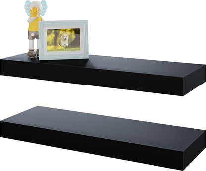 BAMEOS Floating Shelves, Black Wall Mounted Wooden Shelves with Invisible Brackets Set of 2