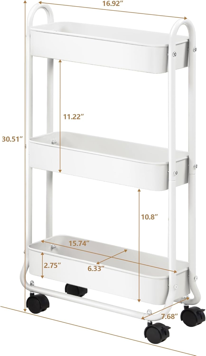 SunnyPoint Slim Rolling Storage Cart, 3 Tier Bathroom Storage Organizer Bathroom, Laundry Utility