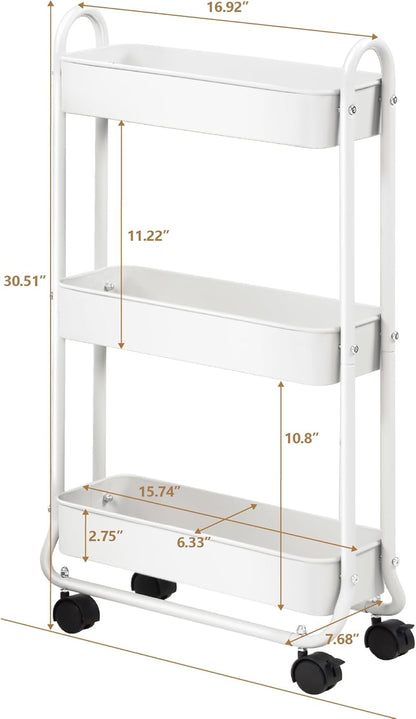 SunnyPoint Slim Rolling Storage Cart, 3 Tier Bathroom Storage Organizer Bathroom, Laundry Utility