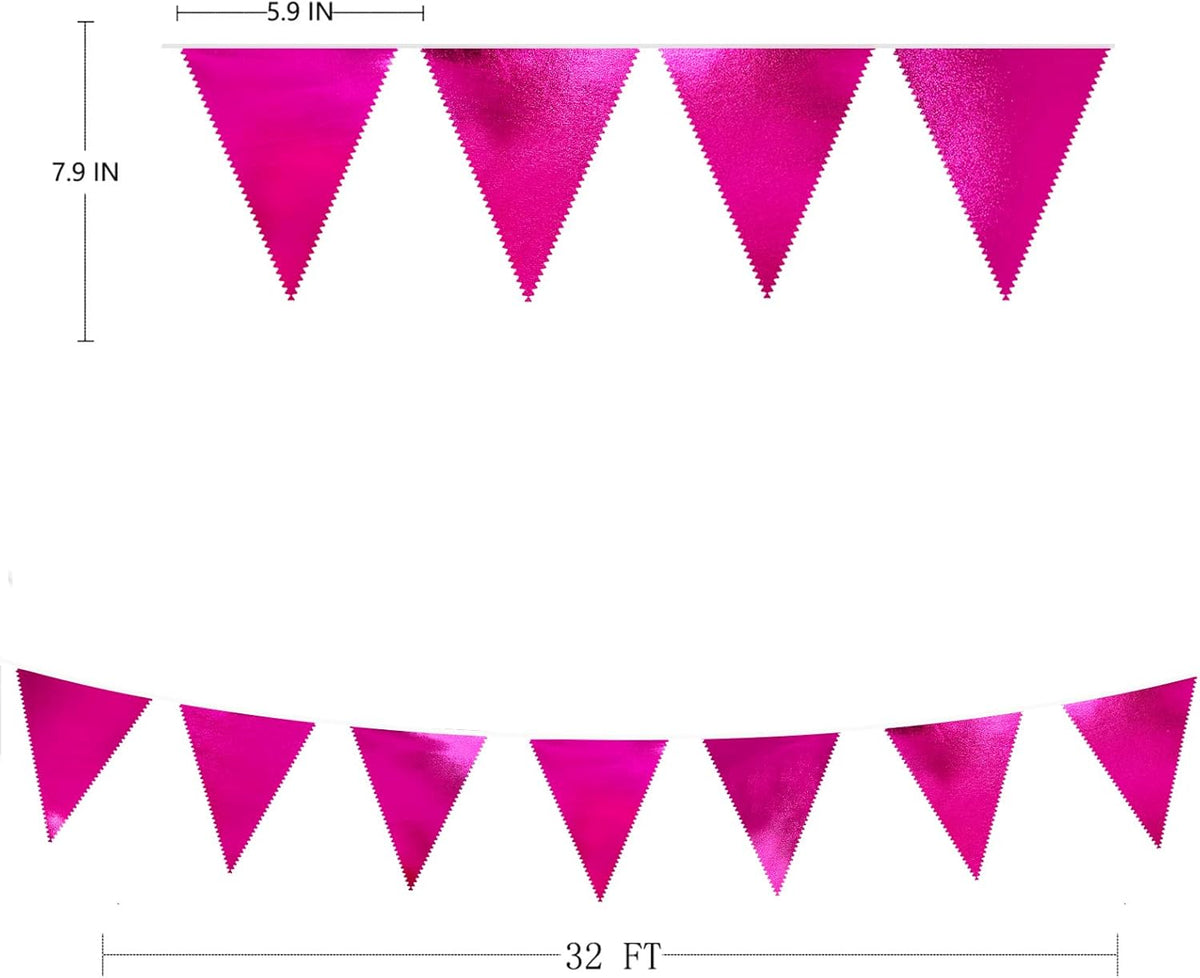 Hot Pink Party Decorations Triangle Pennant Banner Flag Rose Pink Metallic Fabric Bunting Garland