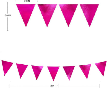 Hot Pink Party Decorations Triangle Pennant Banner Flag Rose Pink Metallic Fabric Bunting Garland