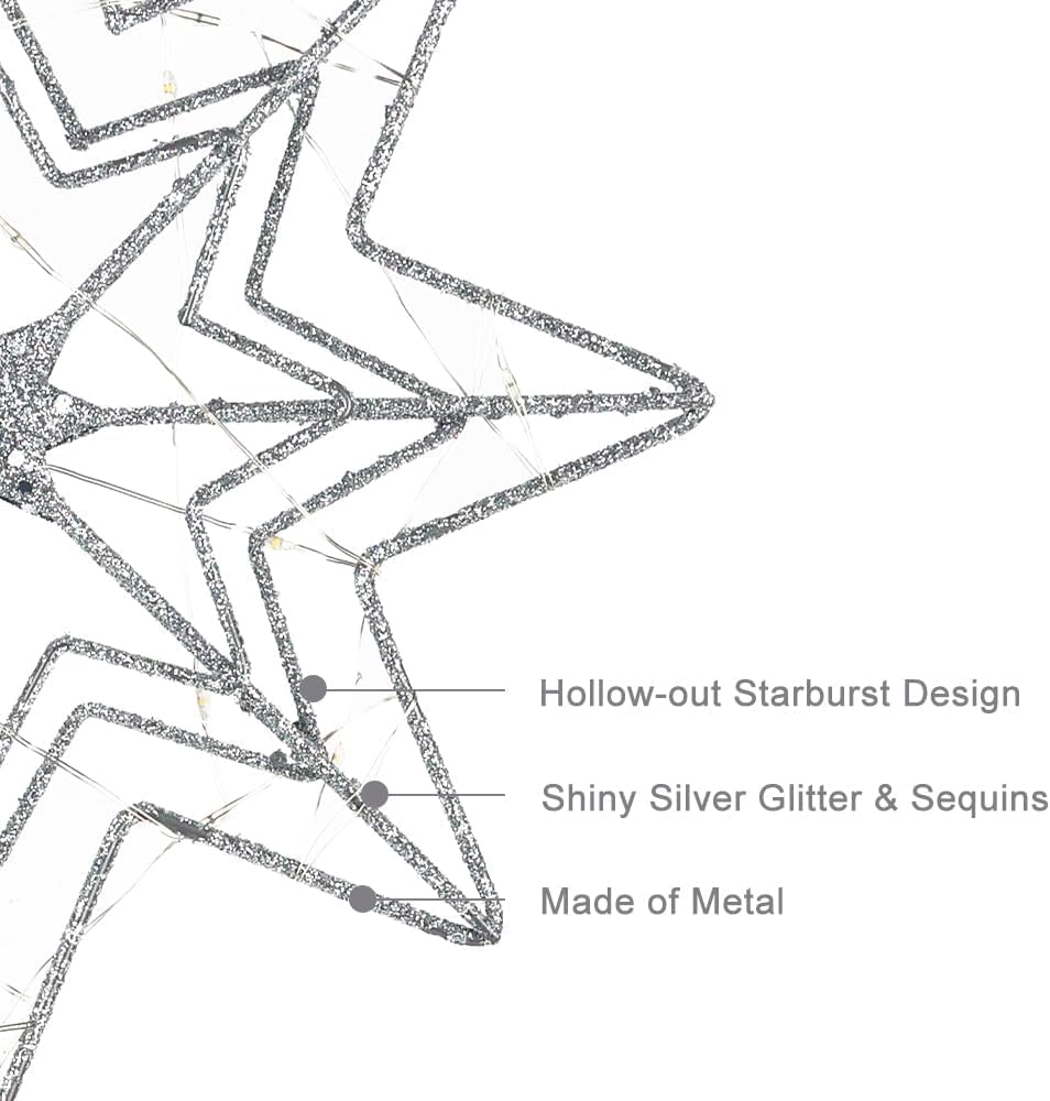 hogardeck Christmas Tree Topper, Glittered Silver 8-Pointed Star Tree Topper for Christmas Treetop