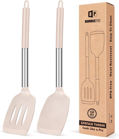 Pack of 2 Silicone Solid Turner, Non Stick Slotted Kitchen Spatulas, High Heat Resistant BPA Free