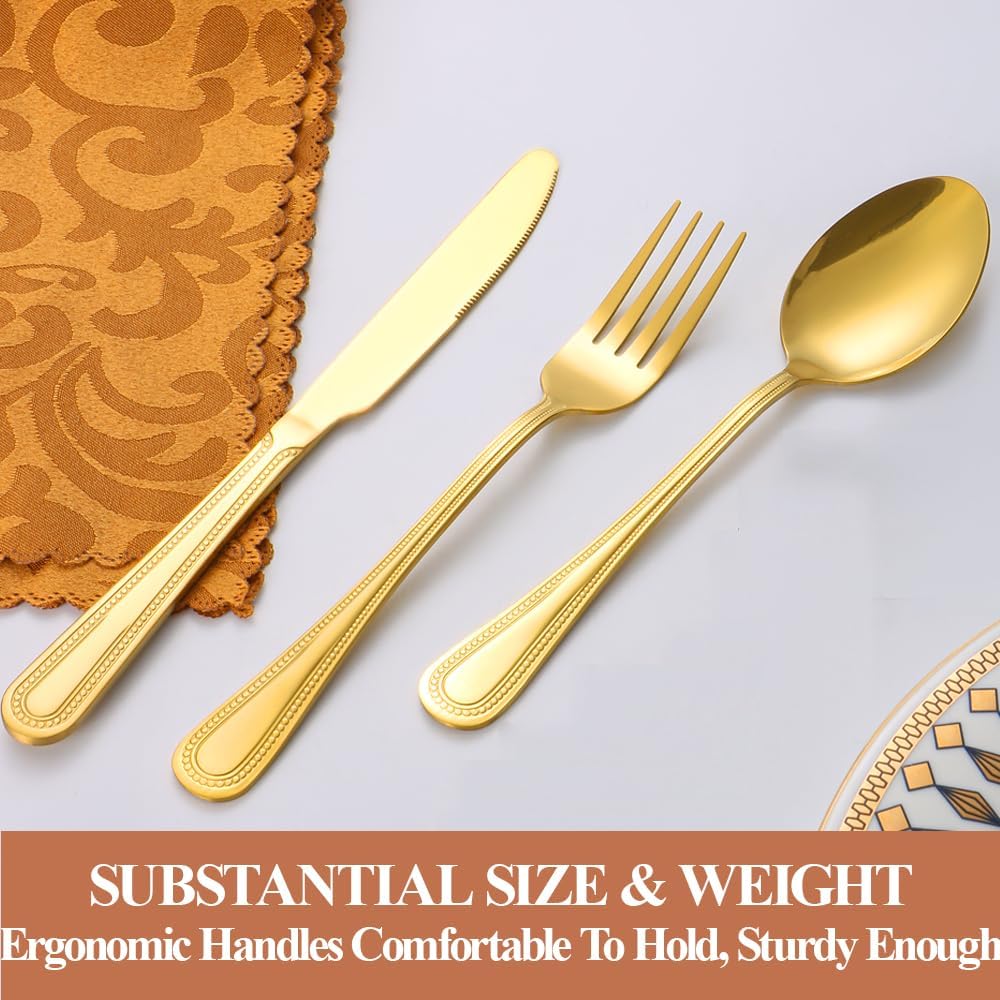 20 Pcs Gold Silverware Set for 4 with Pearled Edge Handle design, Food Grade Stainless Steel