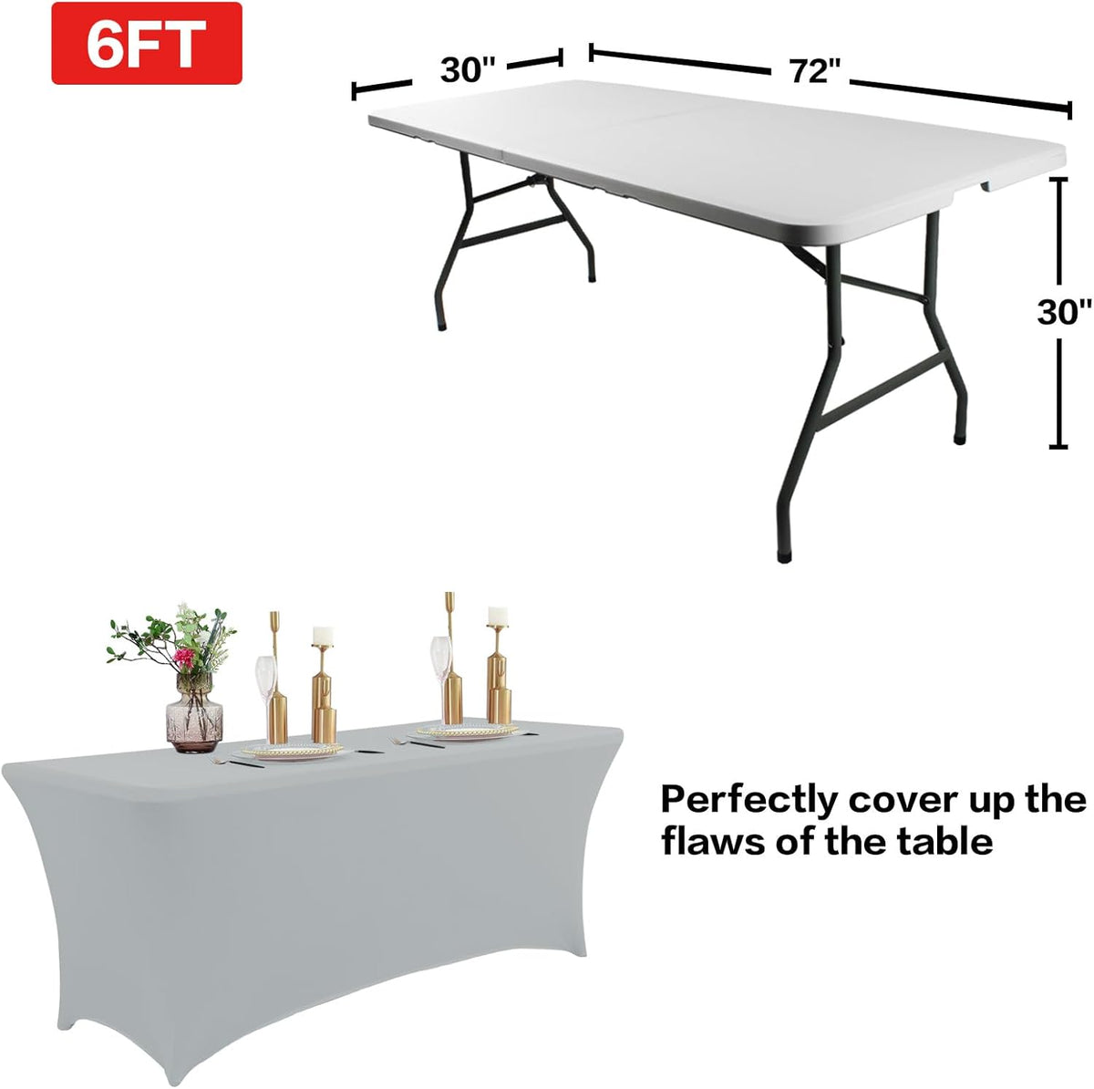 IVAPUPU 2 Pack 8FT Table Cloth for Rectangular Fitted Events Stretch Grey Table Covers Washable