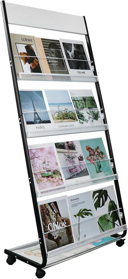 4-Tier Floor-Standing Magazine Rack with Wheels – Perfect Brochure Display Stand for Exhibitions