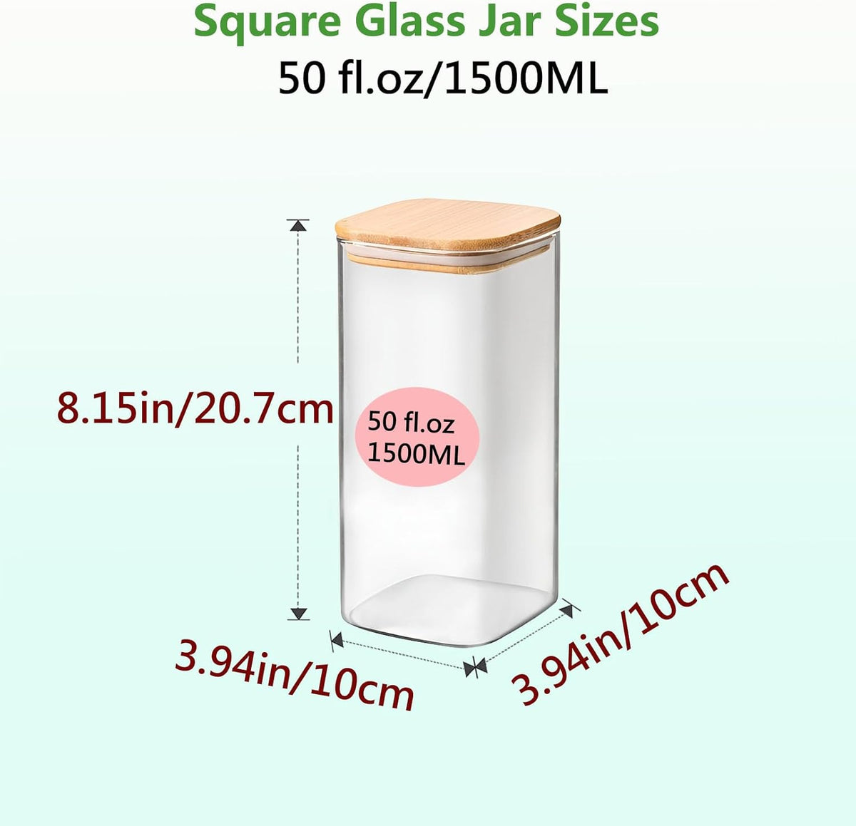 Square Glass Jars Canister with Wood Lid 50 FL OZ [Set of 3], Container Jar with Sealing, Lids for