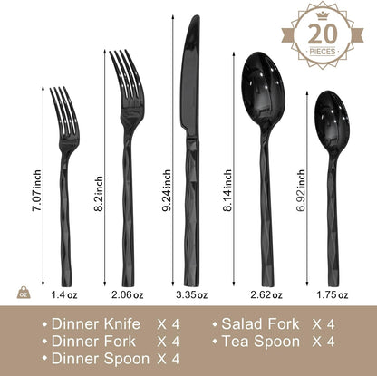 KINGSTONE Black Silverware Set, Luxury 20 Piece Flatware Set for 4, 18/10 Stainless Steel Cutlery