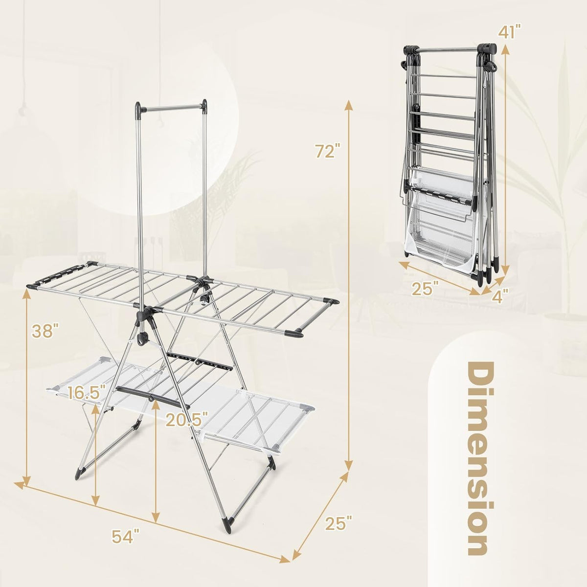 Tangkula Foldable Clothes Drying Rack, 2-Tier Laundry Drying Rack w/Tall Hanging Bar, Height